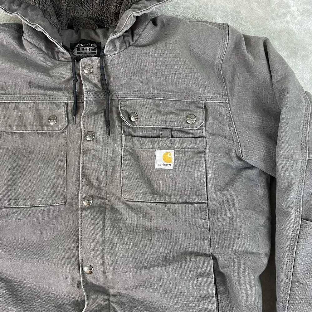 Carhartt Jacket Mens Medium Gray Hooded Sherpa Lined Full Zip Relaxed OJ3826-M - Picture 2 of 13